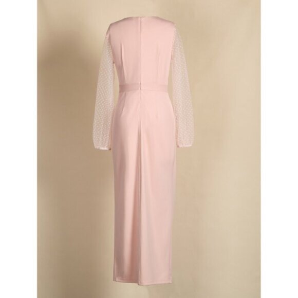 Elegant Black V-Neck Long Sleeve Bridesmaid Dress with Mesh Overlay and Side Sli - Picture 2 of 5